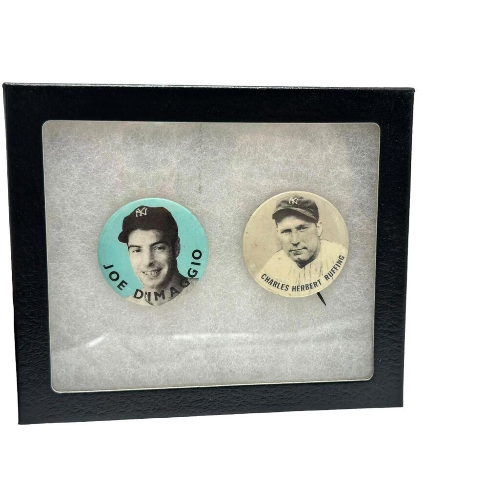 Vintage Joe DiMaggio Charles Ruffing Collector Buttons Pin Set of 2 Rare